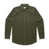 A button-up shirt in a dark olive green colour featuring a collar and two front pockets.