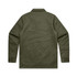 A green service jacket with a plain design and a logo on the back. Features a collared neck and button closures.