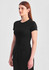 A black women's baby tee with a fitted design, displayed on a model against a plain background.