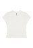 A white women's baby tee with short sleeves and a fitted style. The shirt features a logo on the label.
