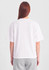 A white box tee with short sleeves, featuring a simple design and a logo on the back.