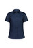 A navy blue short sleeve women's shirt with a button-up front and a collar. It features a branded logo.