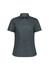 A short sleeve women's shirt in dark grey with a collared neckline and button front. Features branding on the label.