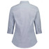 A women's 3/4 sleeve shirt in a blue and white check pattern, featuring a collar and button details. It has a logo.