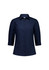 A navy blue women's 3/4 sleeve shirt featuring a button-up front and a tailored fit. It has a collar and branding.