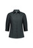 A dark grey women's 3/4 sleeve shirt with a collared neckline and buttons down the front. It features a logo on the chest.