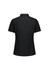 A black short sleeve women's shirt with a collar and a fitted design. It features a logo on the back.