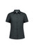 A woman’s short sleeve shirt in dark grey, featuring a collared neckline and button-up front, with a logo present.