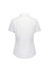 A white short sleeve shirt with a fitted design and a collar, featuring a branding logo on the back.
