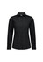 A black long sleeve women's shirt with a collared neck and button-up front, featuring a logo.