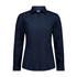 A women's long sleeve shirt in navy blue, featuring a collared neck and button-down front. It has a logo.