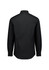 A black slim fit long sleeve shirt with a classic collar and button cuffs, featuring a logo on the back.