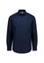 A navy long sleeve slim fit shirt with a button-up front and a collar, featuring branding.