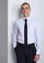 A classic fit long sleeve men's shirt in white, paired with a black tie and dark pants, featuring a chest pocket and branding.