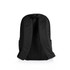A black backpack featuring padded shoulder straps and side pockets, with a logo on the front.