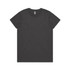A dark grey t-shirt with a round neckline and short sleeves, featuring a small logo on the label.