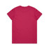 A plain pink T-shirt featuring a round neckline and short sleeves, with a logo on the back.