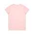 A pink T-shirt with a simple round neckline and short sleeves, featuring a logo on the back.