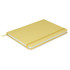 A yellow notebook with a sleek design, featuring a band and blank pages, and includes a logo on the cover.