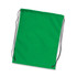 A green drawstring backpack with black cords, featuring reinforced corners and a simple design.