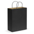 A large black paper carry bag with two black handles and a plain design.