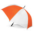 A sports umbrella featuring a vibrant orange and white design, with a sturdy black handle and a branding logo.