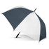 A sports umbrella featuring a dark blue and white design, with a sturdy handle and a branding logo.