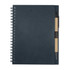 A dark-colored spiral notebook with a pen attached on the side.