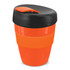A drink bottle in vibrant orange with a black lid and a black silicone band. It features a logo on the side.