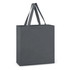A grey cotton tote bag with two sturdy handles and a simple design. It features a branding logo.