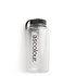 A drink bottle in clear plastic with a black lid and a branding logo.