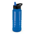 A drink bottle featuring a translucent blue design with a black lid and a built-in straw.