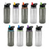 A drink bottle collection featuring clear and black designs, with various coloured lids, including teal, purple, orange, and red.