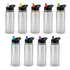 A drink bottle collection featuring clear and black designs with various coloured lids, arranged in two rows.