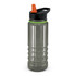 A drink bottle in clear and black with an orange spout and green accent at the top. It features a logo.
