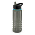 A drink bottle in grey with a black lid and a turquoise accent, featuring a straw and ribbed design.