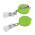 A bright green retractable ID holder with a clip and clear strap. It features a circular design and shiny accents.