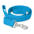 A bright blue dog leash featuring a durable clip and a soft handle, with a branding logo present.