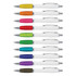A collection of plastic pens with white barrels and colourful grips in yellow, orange, pink, green, blue, and purple.