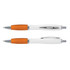 A plastic pen with a white barrel and orange grip, featuring a silver clip and trim.