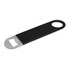 A drink bottle opener in sleek black with a silver metal opening mechanism and a rounded handle.