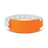 An orange plastic event wristband with a white adjustable strap and a circular fastening mechanism.