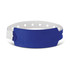 A blue plastic event wristband with a white adjustable section and circular cutouts for fastening.