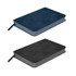 A small notebook in navy blue and black, featuring a smooth cover and a ribbon bookmark. It has a logo on the cover.
