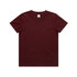 A maroon kids' T-shirt with a crew neck and short sleeves. The shirt features a label inside the neckline.