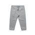 Grey kids' track pants with an elastic waistband and pockets, featuring a logo on one side.