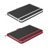 A two-tone notebook featuring a black cover with white or red accents and an elastic band closure.