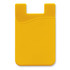 A yellow silicone phone wallet with a curved design and a cut-out for easy attachment to a phone.
