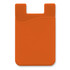An orange silicone phone wallet with a curved top design and a slot for cards. It features a logo.