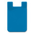 A blue silicone phone wallet with a wave design and a logo, featuring a slot for cards.